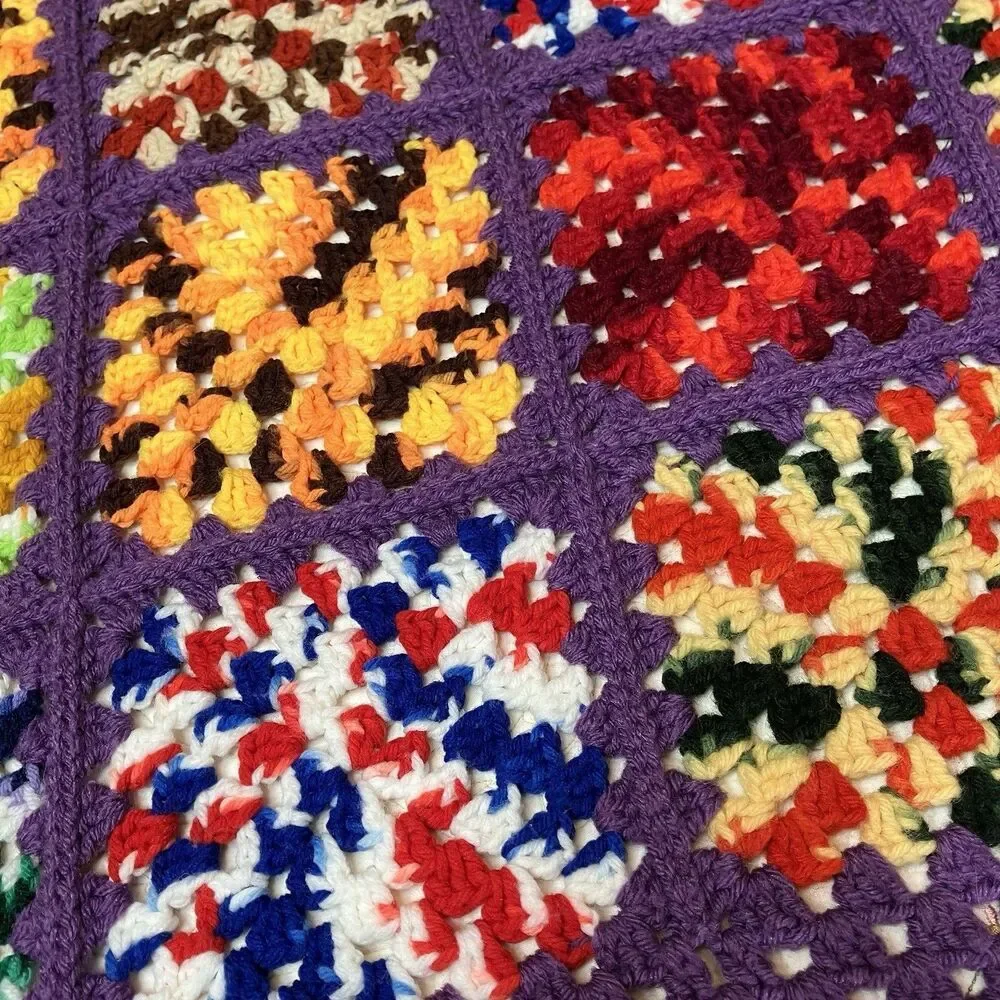 Vtg Granny Square Handmade Crochet Afghan Blanket Multicolor 51x60 Fringe